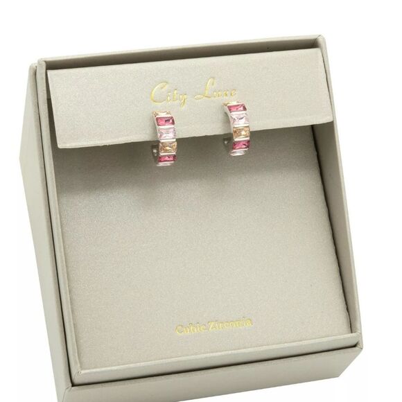 City Luxe Silver-Tone Multi Color CZ & Crystal Huggie Earrings - Picture 1 of 8
